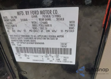 2008 Ford F-150 60Th Anniversary/Fx2/King Ranch/Lariat/Xlt from USA, damaged, VIN 1FTPW12V08FB99006